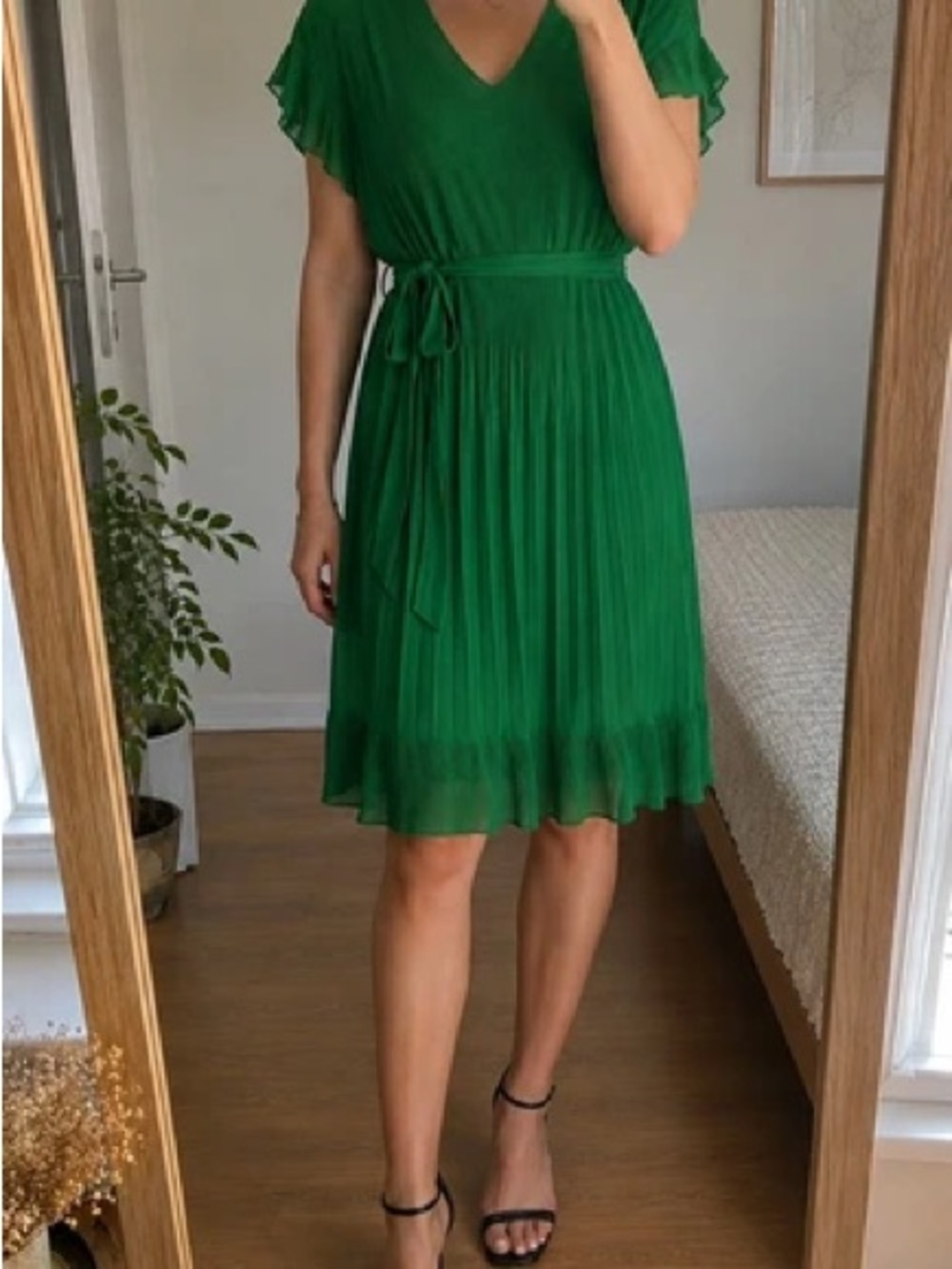 Sandro Sheer Emerald Green V-Neck Pleated Tie-Waist Dress